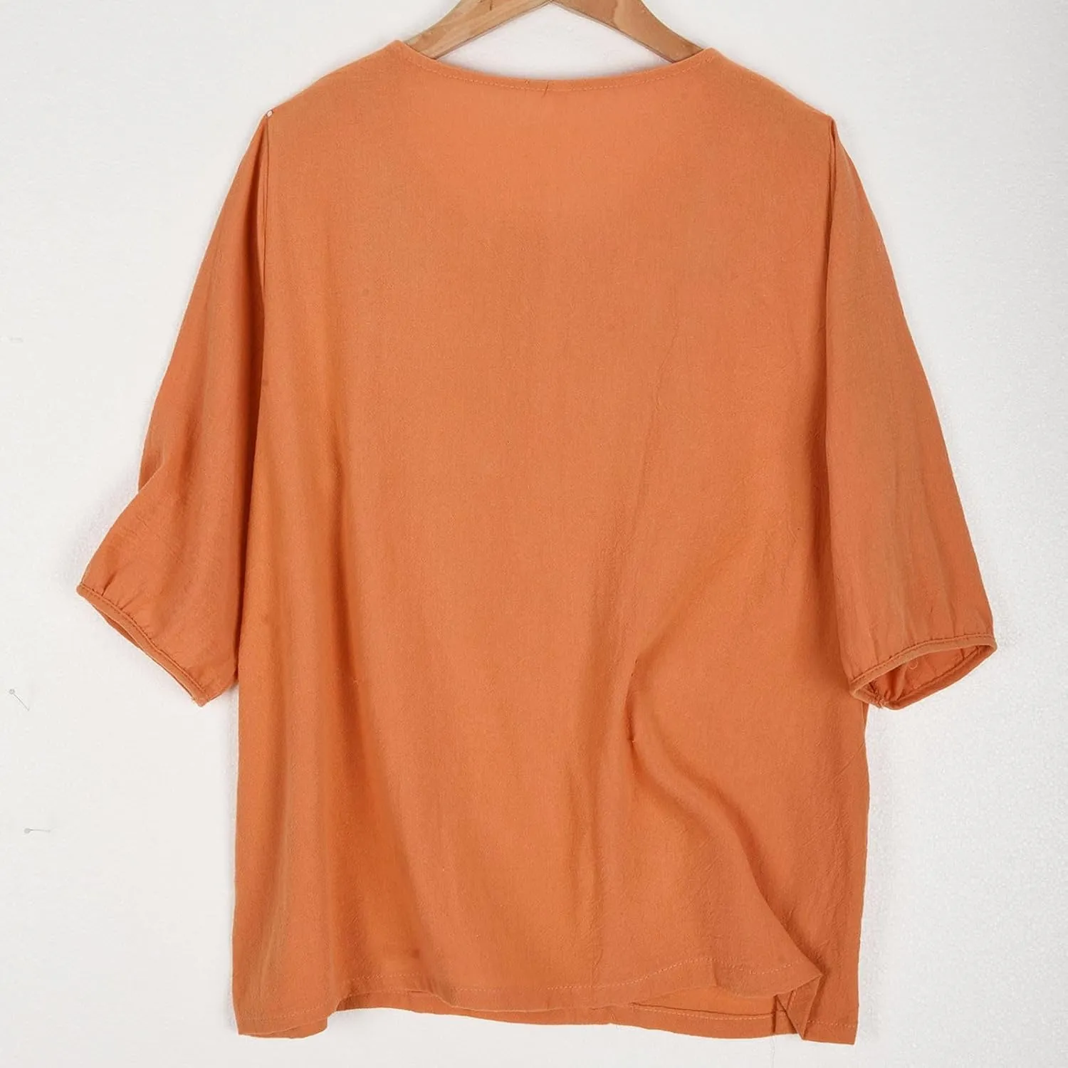 Women's Linen Tops 3/4 Sleeve T Shirts Summer Mexican Floral Embroidery Tunic Tops Casual Crewneck Blouse Oversized