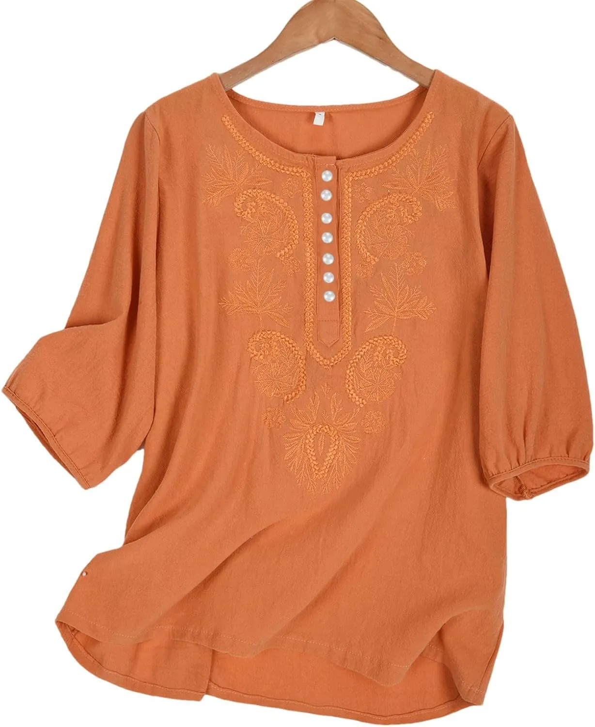 Women's Linen Tops 3/4 Sleeve T Shirts Summer Mexican Floral Embroidery Tunic Tops Casual Crewneck Blouse Oversized