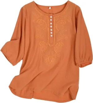 Women's Linen Tops 3/4 Sleeve T Shirts Summer Mexican Floral Embroidery Tunic Tops Casual Crewneck Blouse Oversized