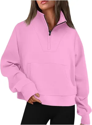 Womens Long Sleeve Solid Color Half Zip Sweatshirts Fall Winter Trendy Outfits Hoodies With Pockets Workout Pullover
