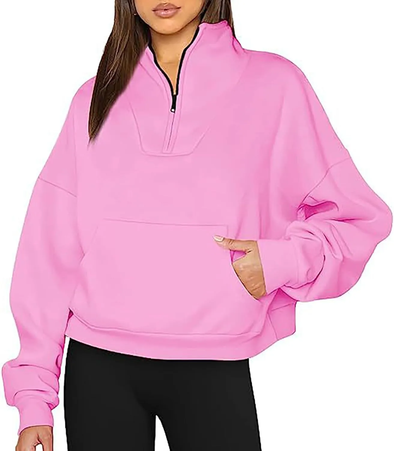 Womens Long Sleeve Solid Color Half Zip Sweatshirts Fall Winter Trendy Outfits Hoodies With Pockets Workout Pullover