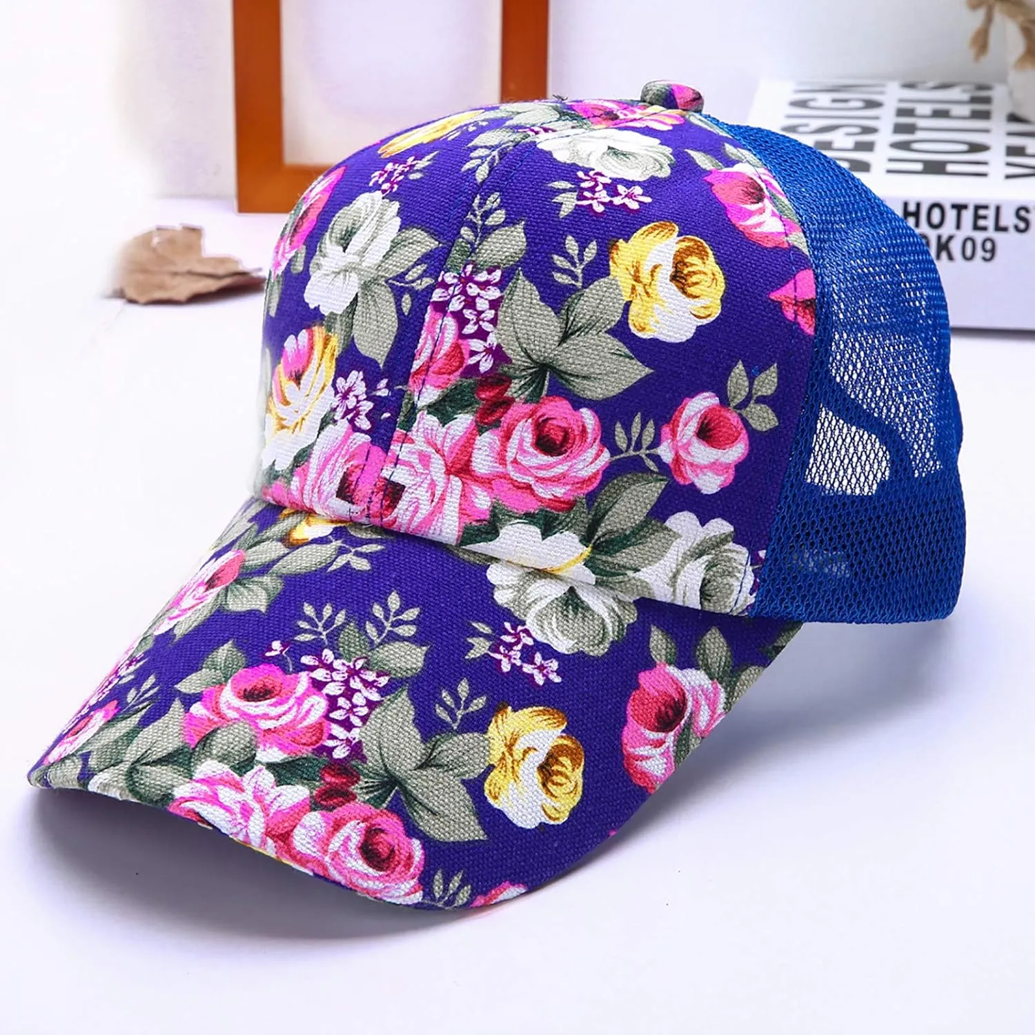 Women's Mesh Flower Print Sun Hat Fashionable Adjustable Floral Baseball Cap Casual Outdoor Sport Trucker Hat