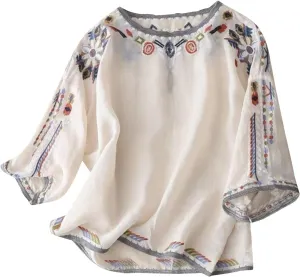 Womens Mexican Tops and Blouses Summer Embroidered Short Sleeve T-Shirt Vacation Round Neck Cotton Linen Tees, Black