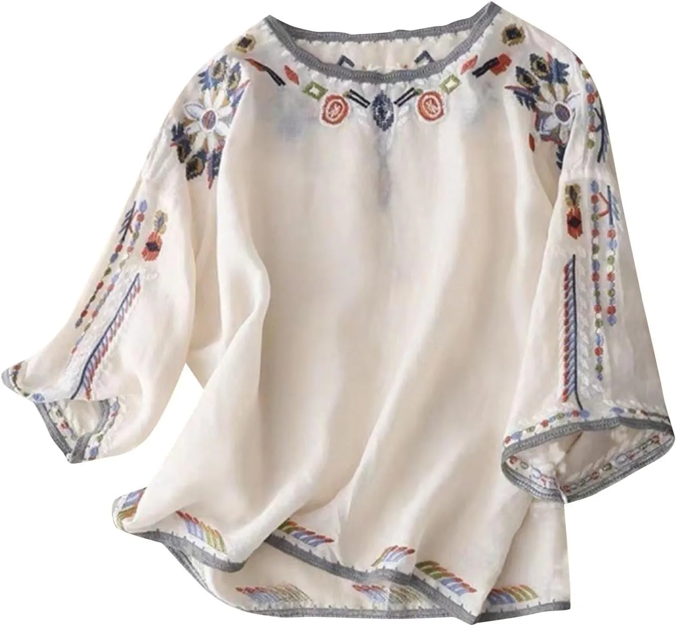 Womens Mexican Tops and Blouses Summer Embroidered Short Sleeve T-Shirt Vacation Round Neck Cotton Linen Tees, Black