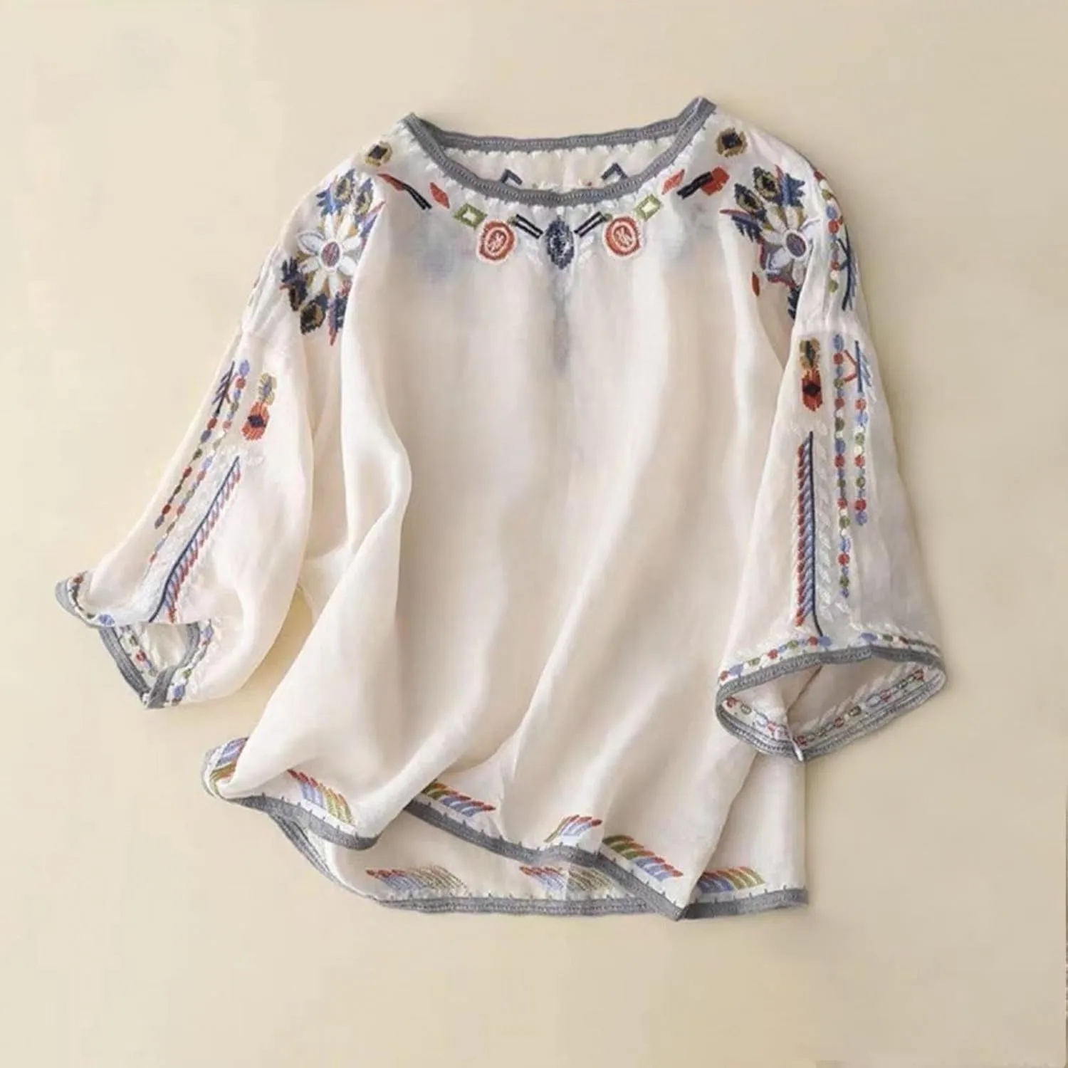 Womens Mexican Tops and Blouses Summer Embroidered Short Sleeve T-Shirt Vacation Round Neck Cotton Linen Tees, Black
