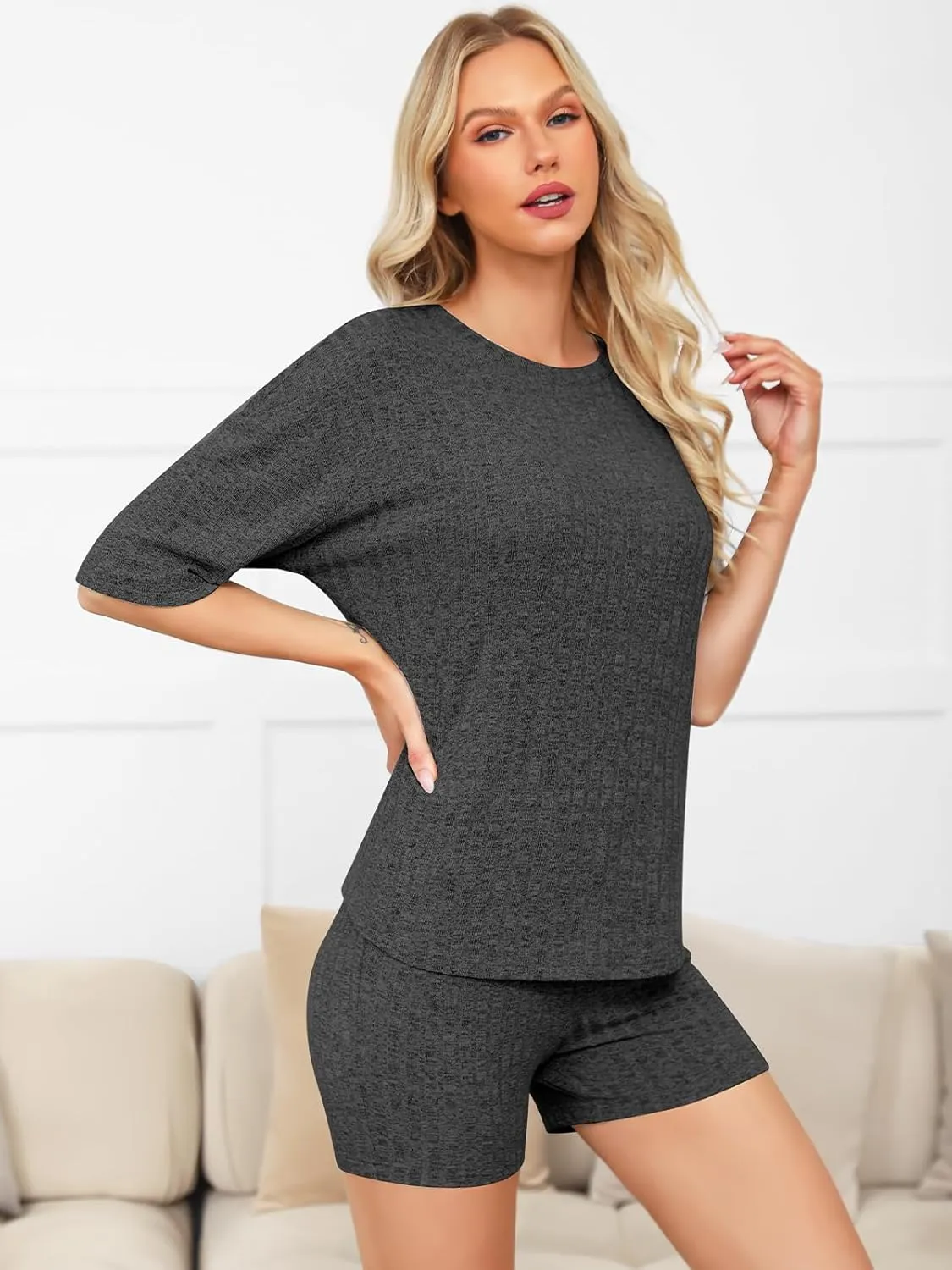 Women's Pajama Set - 2-Piece Lounge Wear with Ribbed Knit T-shirt and Biker Shorts for Comfortable Sleepwear