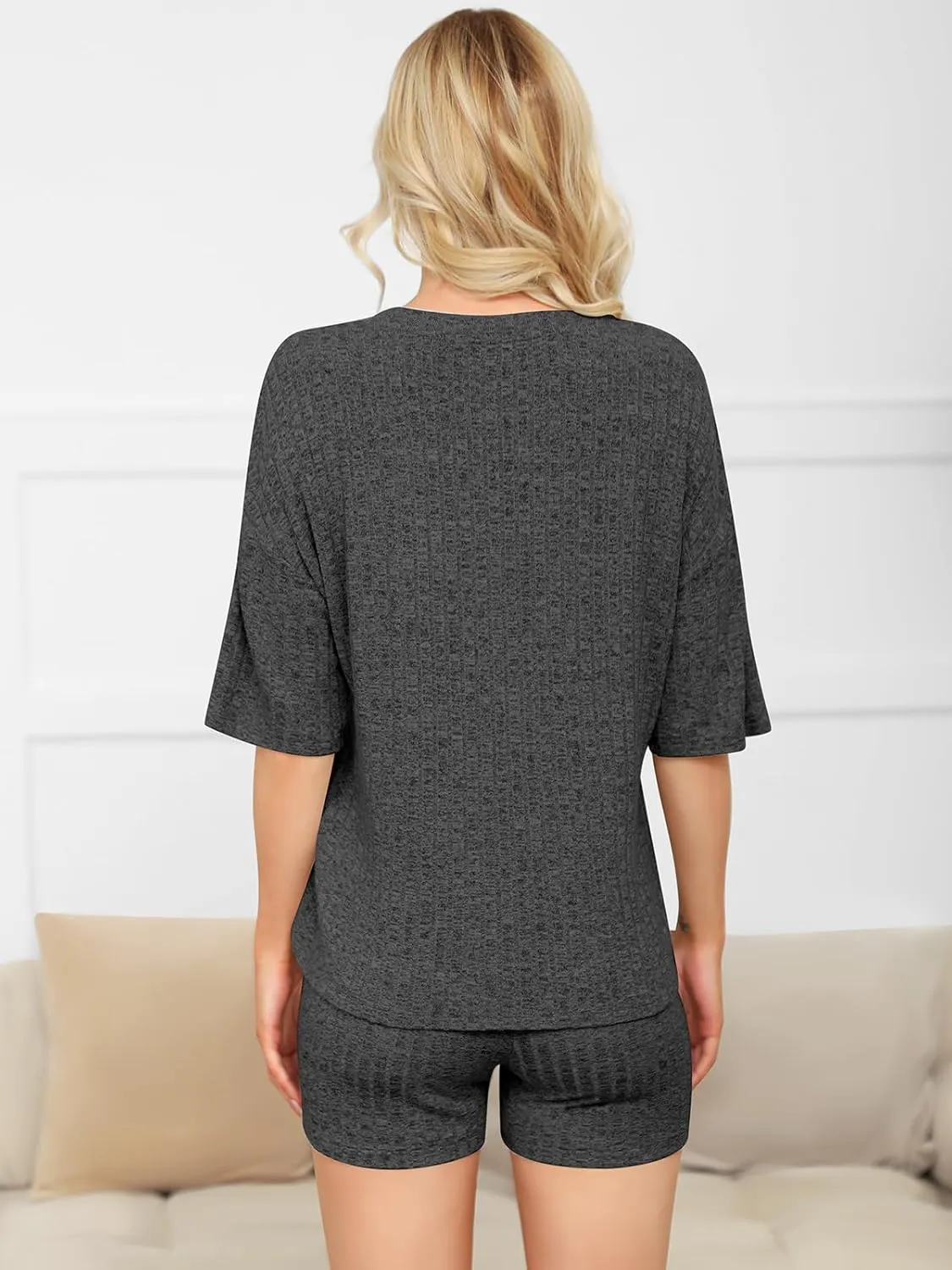 Women's Pajama Set - 2-Piece Lounge Wear with Ribbed Knit T-shirt and Biker Shorts for Comfortable Sleepwear