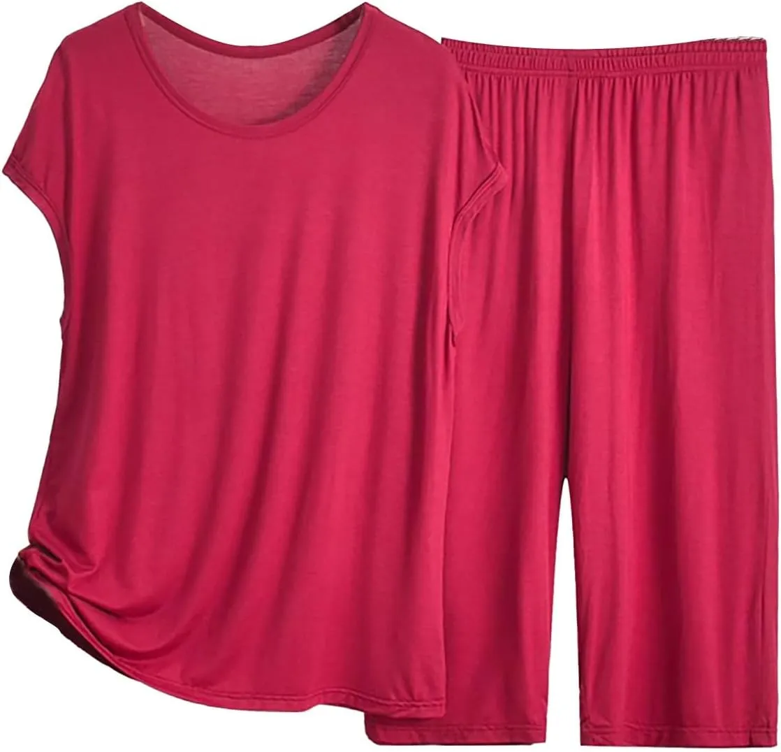 Women's Pajama Sets 2 Piece Casual Short Sleeve Tops Wide Leg Bottoms Loose Comfy Sleepwear Nightwear Soft Lounge Set