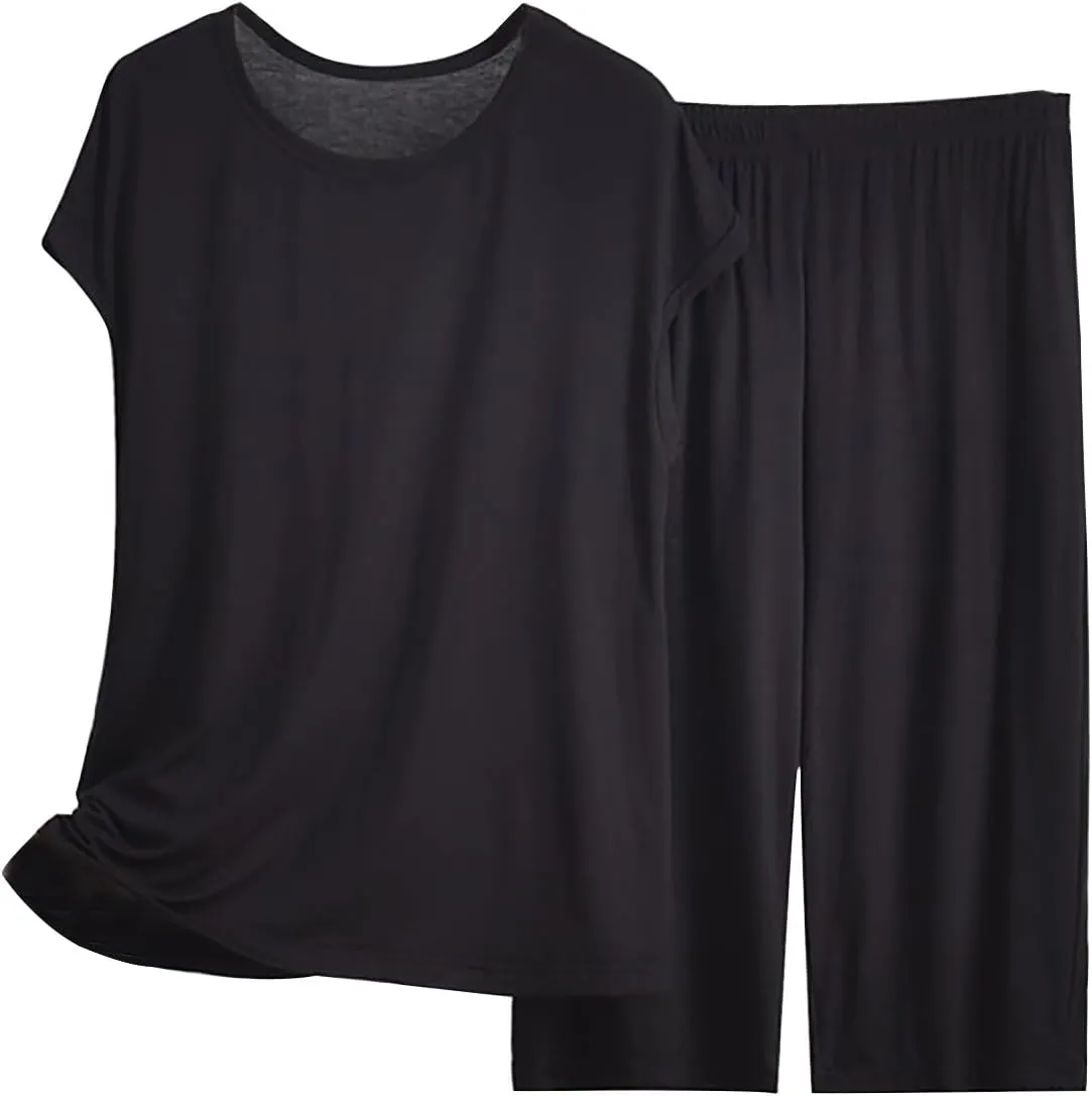 Women's Pajama Sets 2 Piece Casual Short Sleeve Tops Wide Leg Bottoms Loose Comfy Sleepwear Nightwear Soft Lounge Set