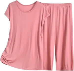 Women's Pajama Sets 2 Piece Casual Short Sleeve Tops Wide Leg Bottoms Loose Comfy Sleepwear Nightwear Soft Lounge Set