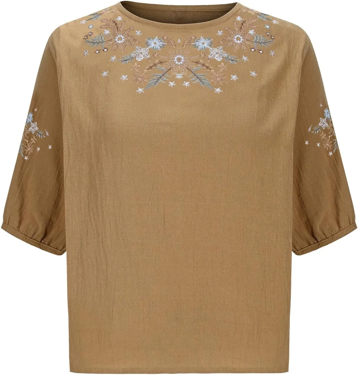 Women's Peasant Tops Summer Mexican Embroidered Shirts Loose Cotton Linen Short Sleeve Blouses Fiesta Tees
