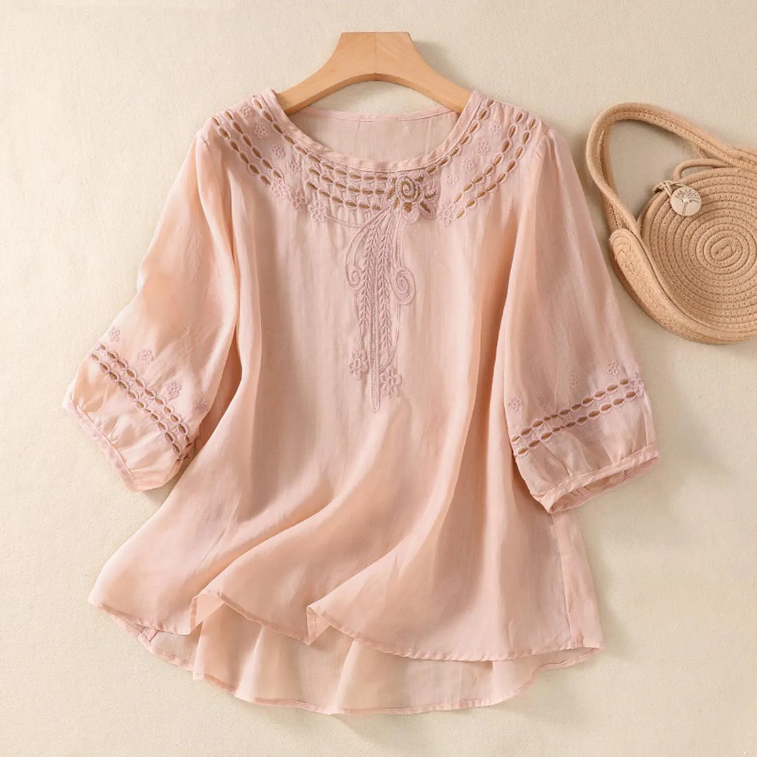 Women's Peasant Tops Summer Mexican Embroidered Shirts Loose Cotton Linen Short Sleeve Blouses Fiesta Tees