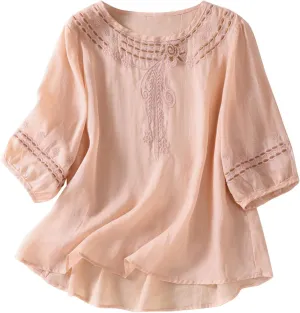 Women's Peasant Tops Summer Mexican Embroidered Shirts Loose Cotton Linen Short Sleeve Blouses Fiesta Tees