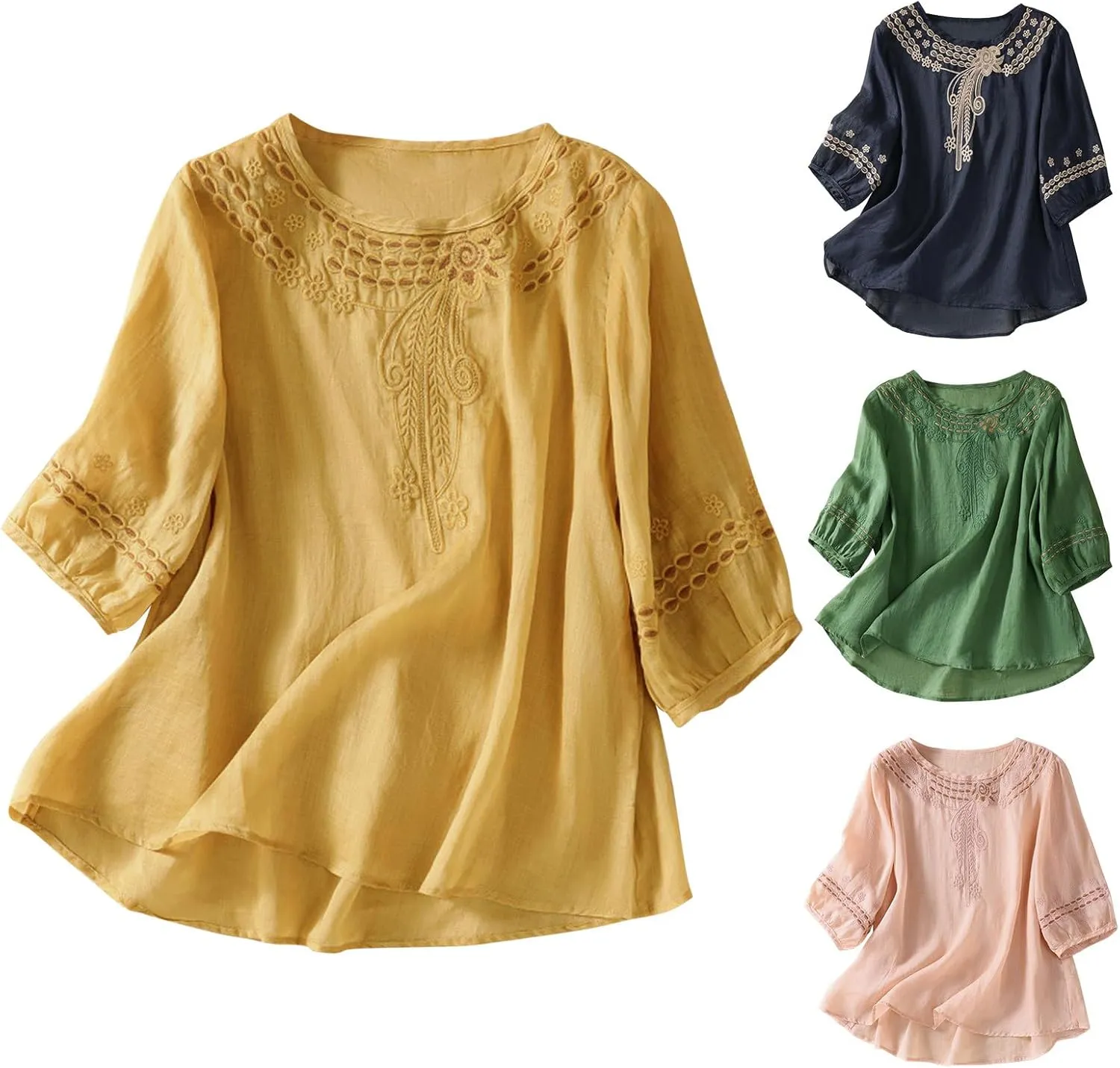 Women's Peasant Tops Summer Mexican Embroidered Shirts Loose Cotton Linen Short Sleeve Blouses Fiesta Tees