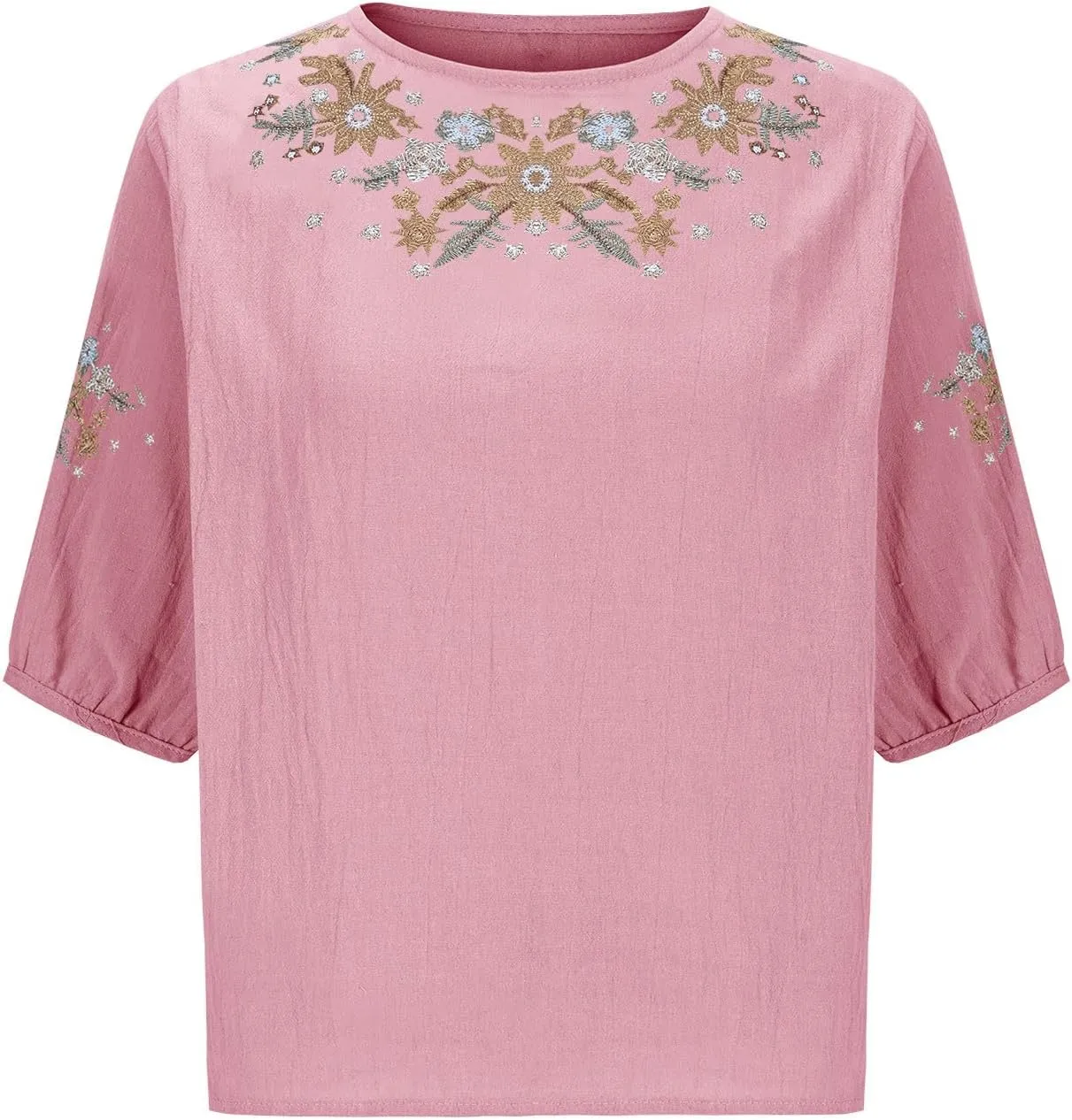 Women's Peasant Tops Summer Mexican Embroidered Shirts Loose Cotton Linen Short Sleeve Blouses Fiesta Tees
