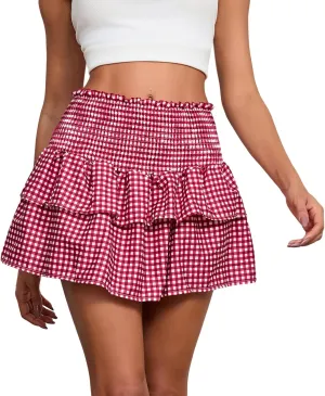 Womens Plaid Mini Skirt Unisex Men Sissy Pleated Lace A Line Ruffle Tiered Short Skirts Halloween Costume Cosplay