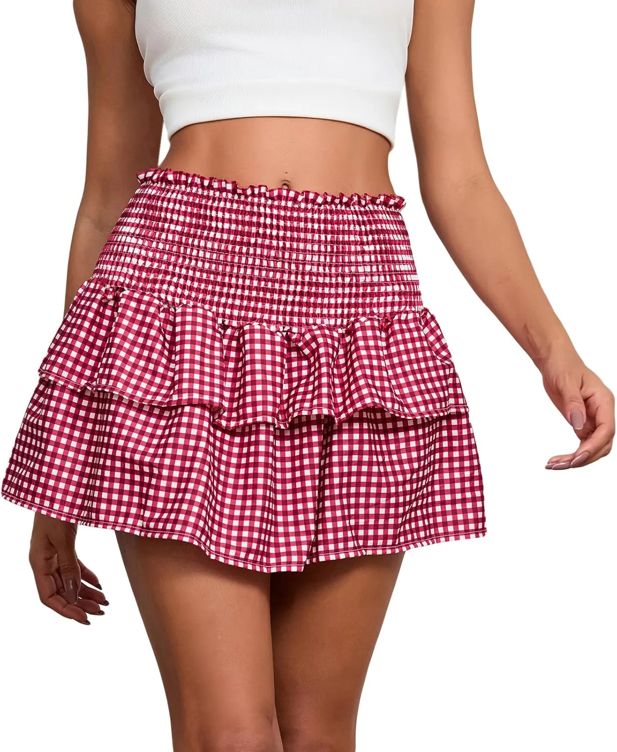 Womens Plaid Mini Skirt Unisex Men Sissy Pleated Lace A Line Ruffle Tiered Short Skirts Halloween Costume Cosplay