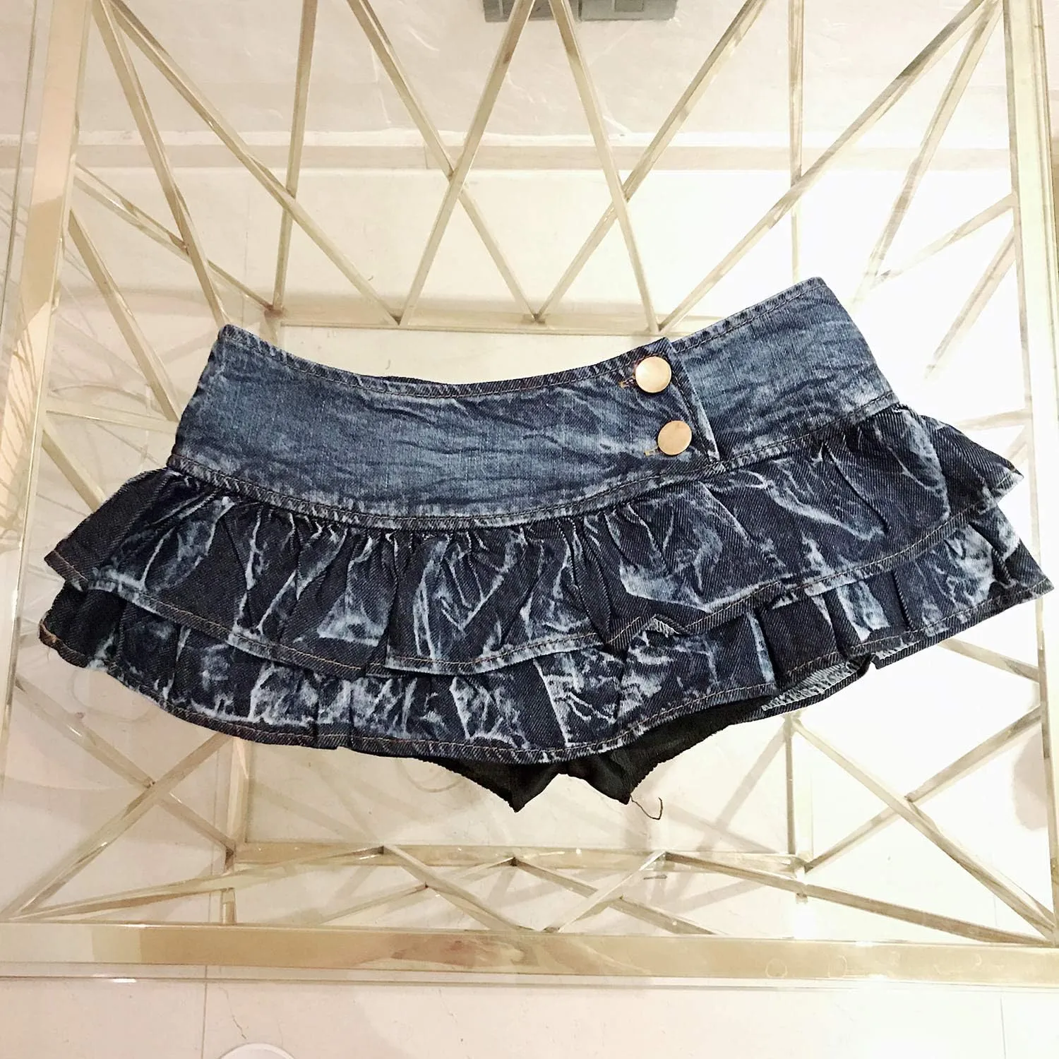 Women's Sexy Low Rise Ruffle Skirts Mini Pleated Denim Skirt with Shorts