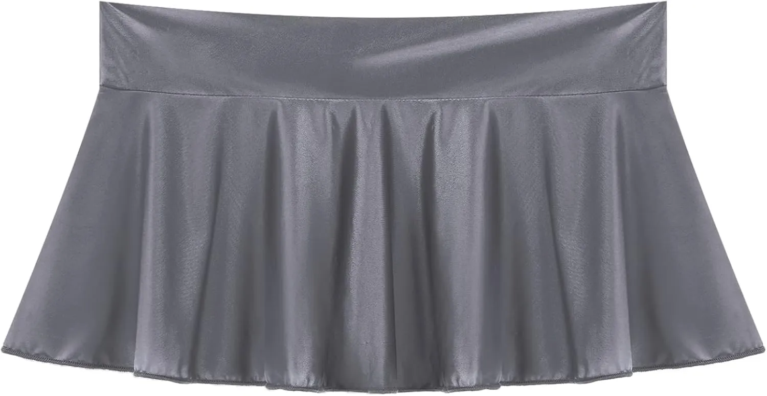 Women's Sexy Pleated Mini Skirt Solid Color Glossy Ruffle Lingerie Low Rise Miniskirt Night Club