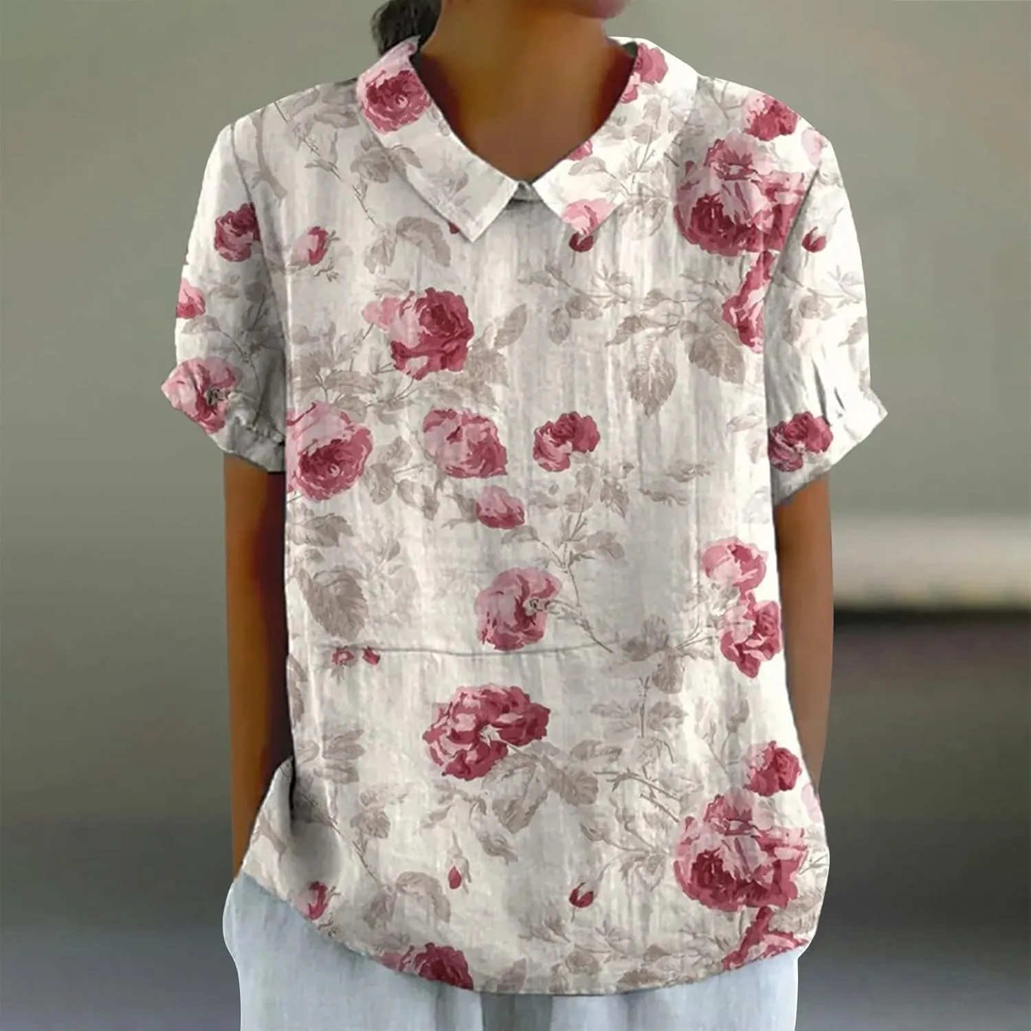 Womens Short Sleeve Button Down Shirts Loose Plus Size Short Sleeve Lapel T Shirt Linen Loose Large Size Thin Lapel Shirt