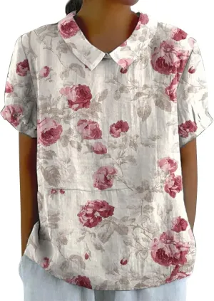 Womens Short Sleeve Button Down Shirts Loose Plus Size Short Sleeve Lapel T Shirt Linen Loose Large Size Thin Lapel Shirt