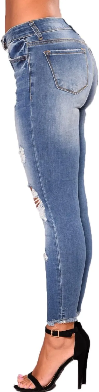 Womens Stretchy Ripped Skinny Jeans High Waisted Boyfriend Distressed Denim Pants Leggings