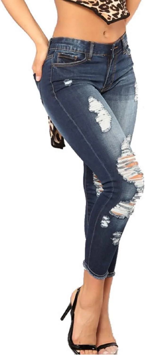 Womens Stretchy Ripped Skinny Jeans High Waisted Boyfriend Distressed Denim Pants Leggings