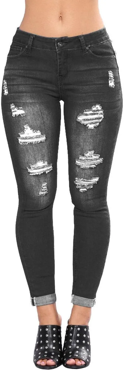 Womens Stretchy Ripped Skinny Jeans High Waisted Boyfriend Distressed Denim Pants Leggings