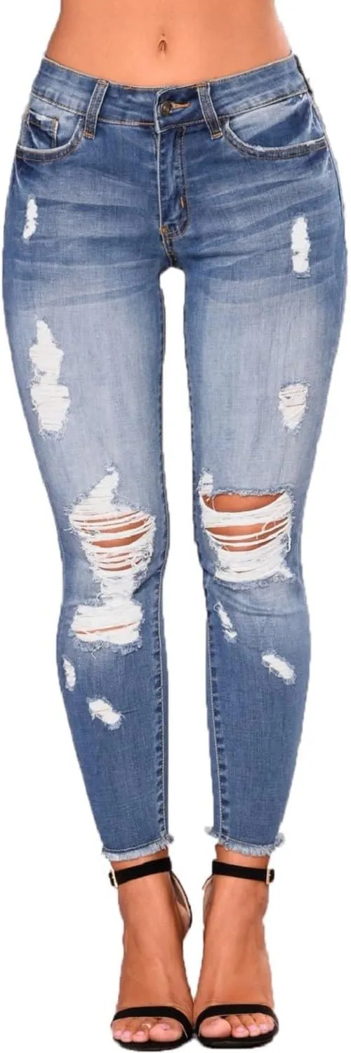 Womens Stretchy Ripped Skinny Jeans High Waisted Boyfriend Distressed Denim Pants Leggings