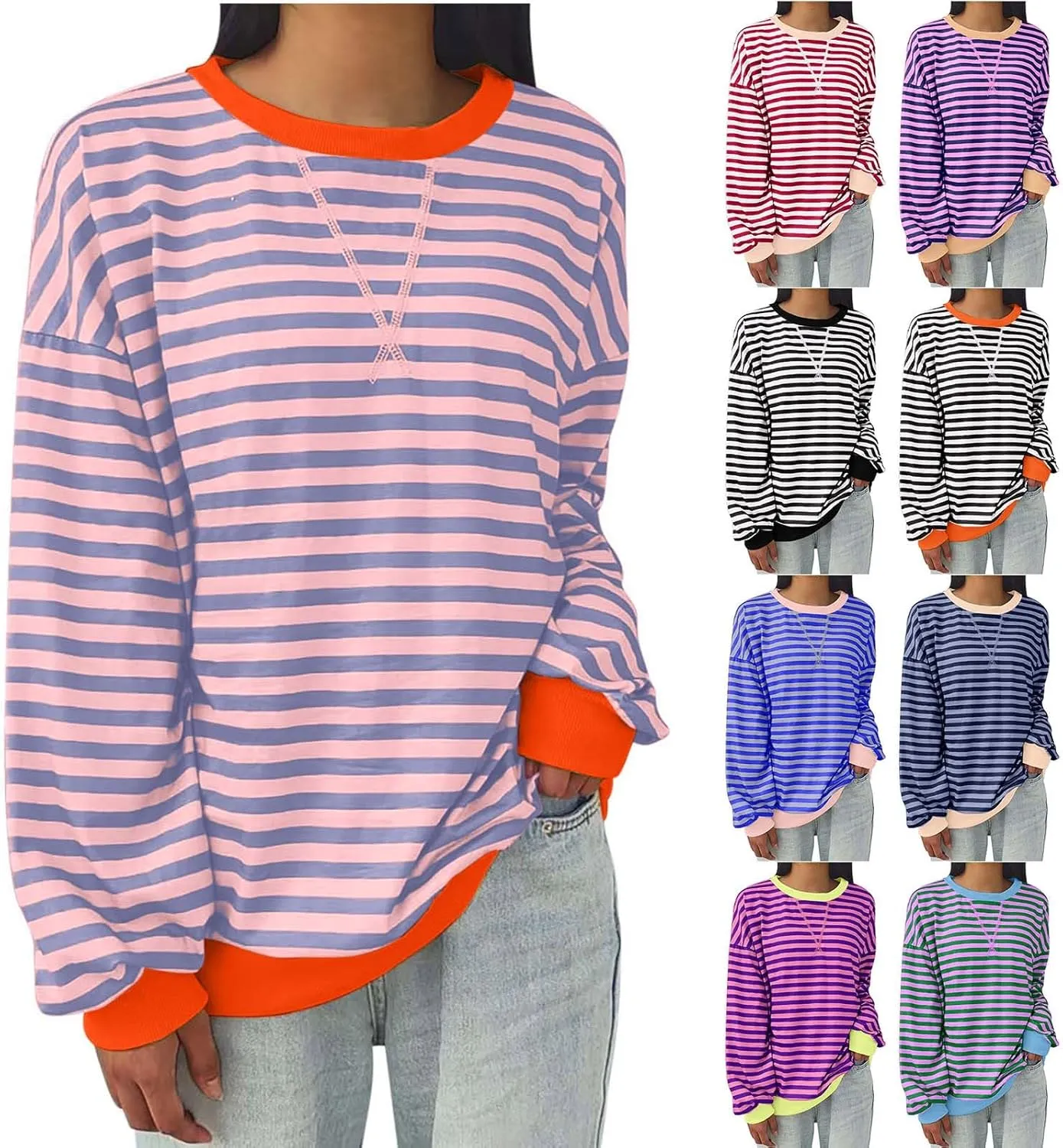 Women's Striped Oversized Sweatshirt 2024 Trendy Crew Neck Long Sleeve Casual Tshirts Loose Pullover Top Y2K Clothes