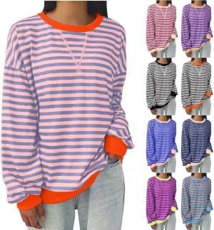 Women's Striped Oversized Sweatshirt 2024 Trendy Crew Neck Long Sleeve Casual Tshirts Loose Pullover Top Y2K Clothes