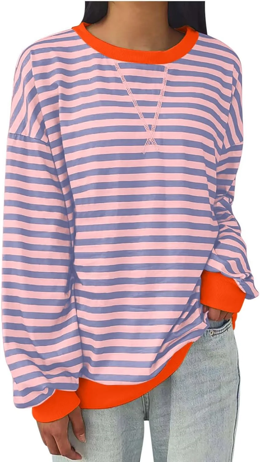 Women's Striped Oversized Sweatshirt 2024 Trendy Crew Neck Long Sleeve Casual Tshirts Loose Pullover Top Y2K Clothes