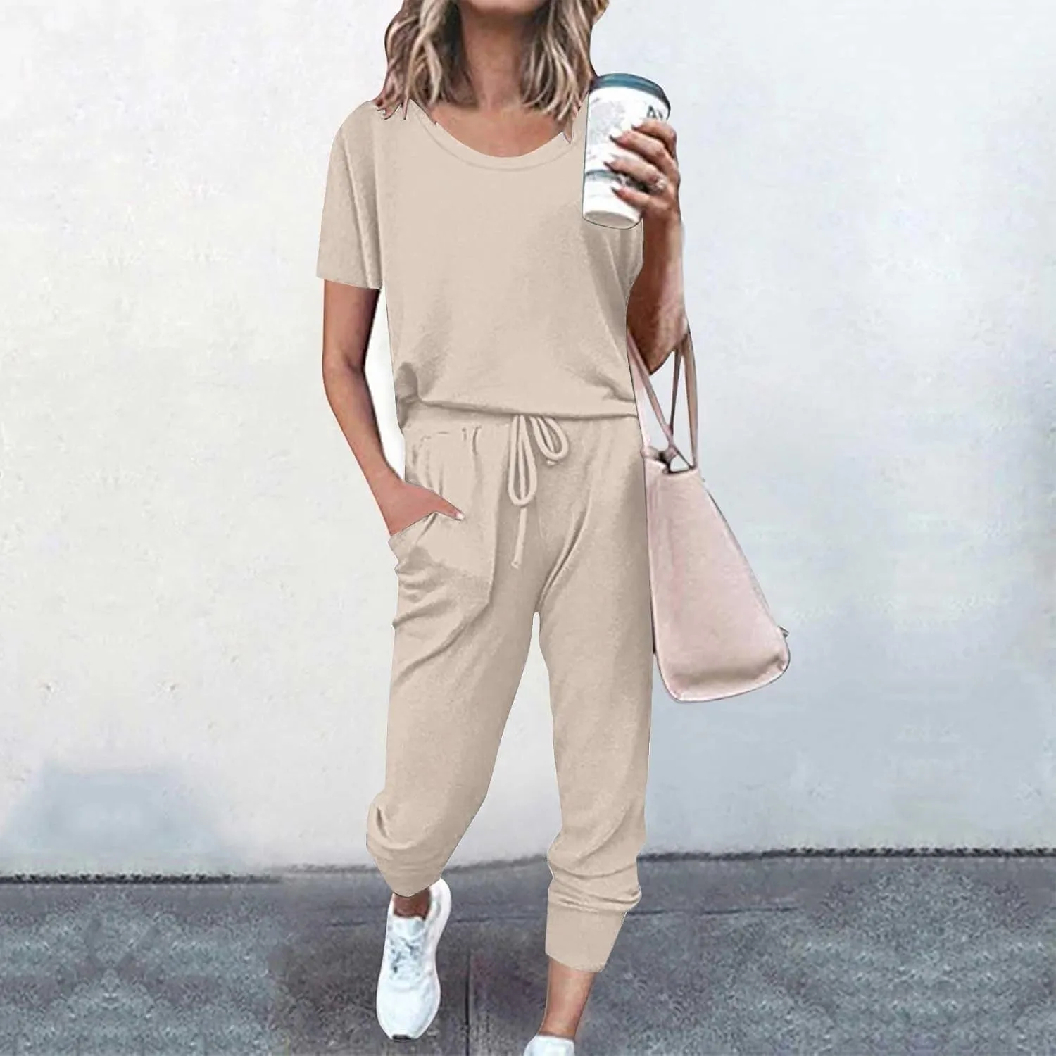 Women's Summer 2 Piece Outfits Tracksuits Casual Short Sleeve Workout Tops and High Waisted Jogger Sweatpants Sets
