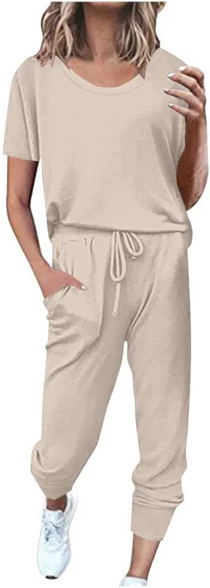 Women's Summer 2 Piece Outfits Tracksuits Casual Short Sleeve Workout Tops and High Waisted Jogger Sweatpants Sets