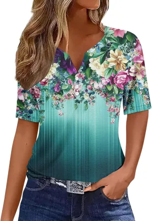 Womens Summer Tops 2025 Dressy Casual Short Sleeve Button V Neck T Shirts Trendy Cute Printed Tees Tunic Blouses