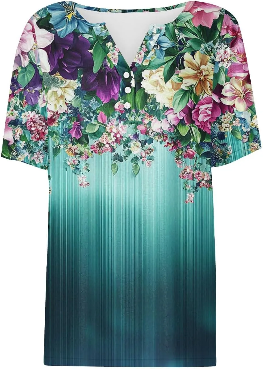 Womens Summer Tops 2025 Dressy Casual Short Sleeve Button V Neck T Shirts Trendy Cute Printed Tees Tunic Blouses