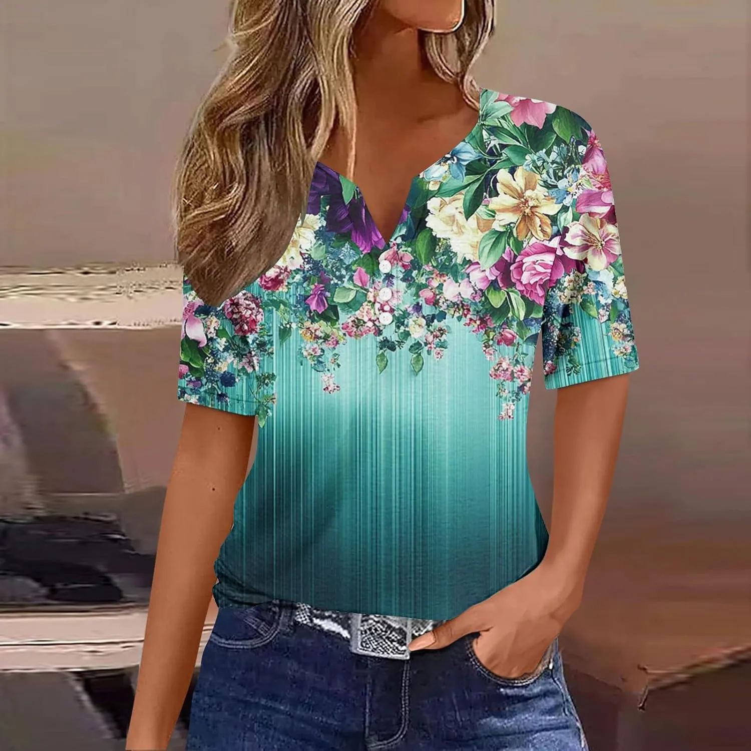 Womens Summer Tops 2025 Dressy Casual Short Sleeve Button V Neck T Shirts Trendy Cute Printed Tees Tunic Blouses
