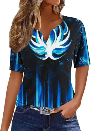 Womens Summer Tops 2025 Dressy Casual Short Sleeve Button V Neck T Shirts Trendy Cute Printed Tees Tunic Blouses