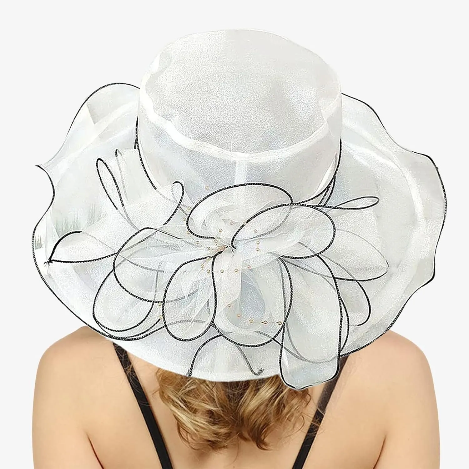 Women's Sun Hat Wide Brim Elegant Mesh Travel Sun Protection Roll-Up Beach Hats with Flower Decoration