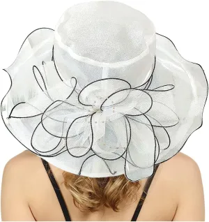 Women's Sun Hat Wide Brim Elegant Mesh Travel Sun Protection Roll-Up Beach Hats with Flower Decoration