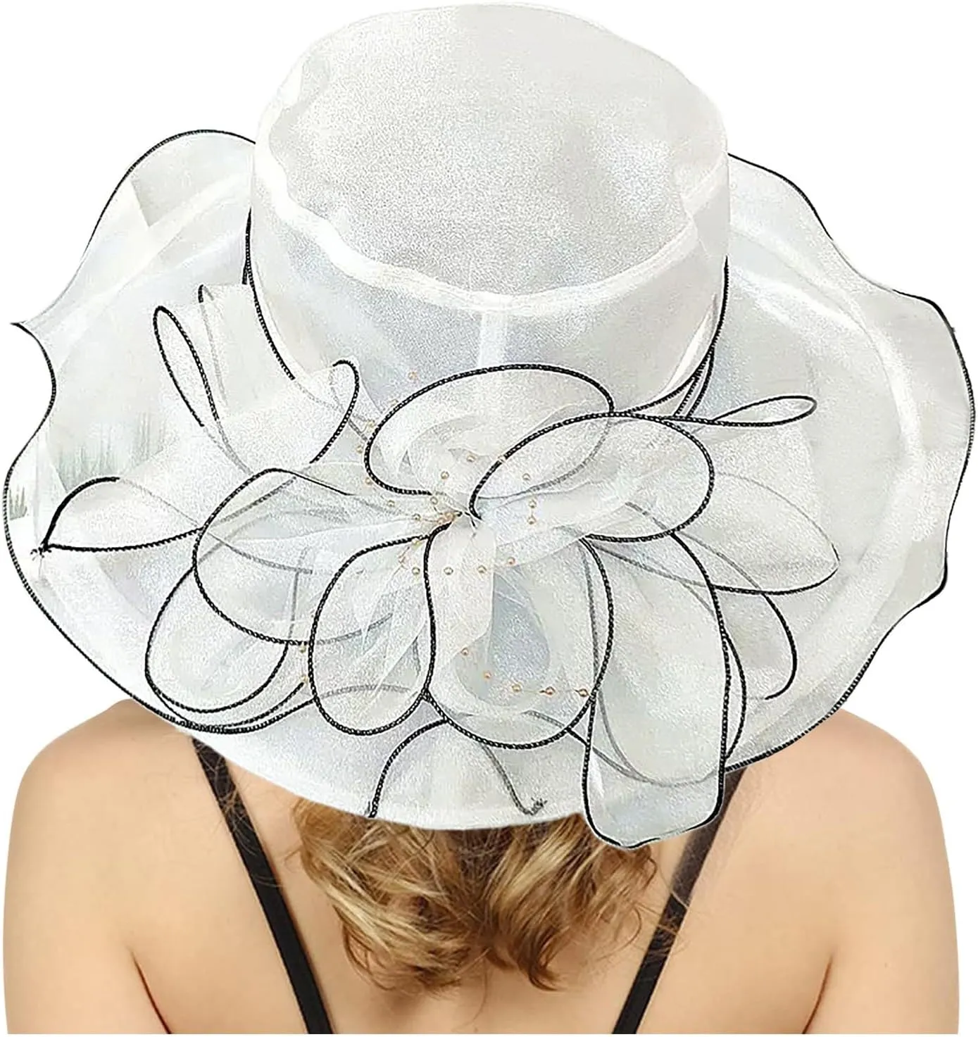Women's Sun Hat Wide Brim Elegant Mesh Travel Sun Protection Roll-Up Beach Hats with Flower Decoration