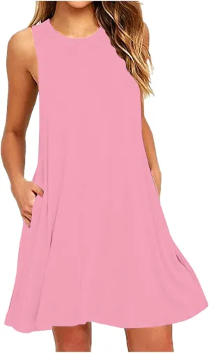 Women's Tank Mini Dress Casual T Shirt Short Vacation Sundress Sleeveless Swing Cover Up Dresses with Pockets