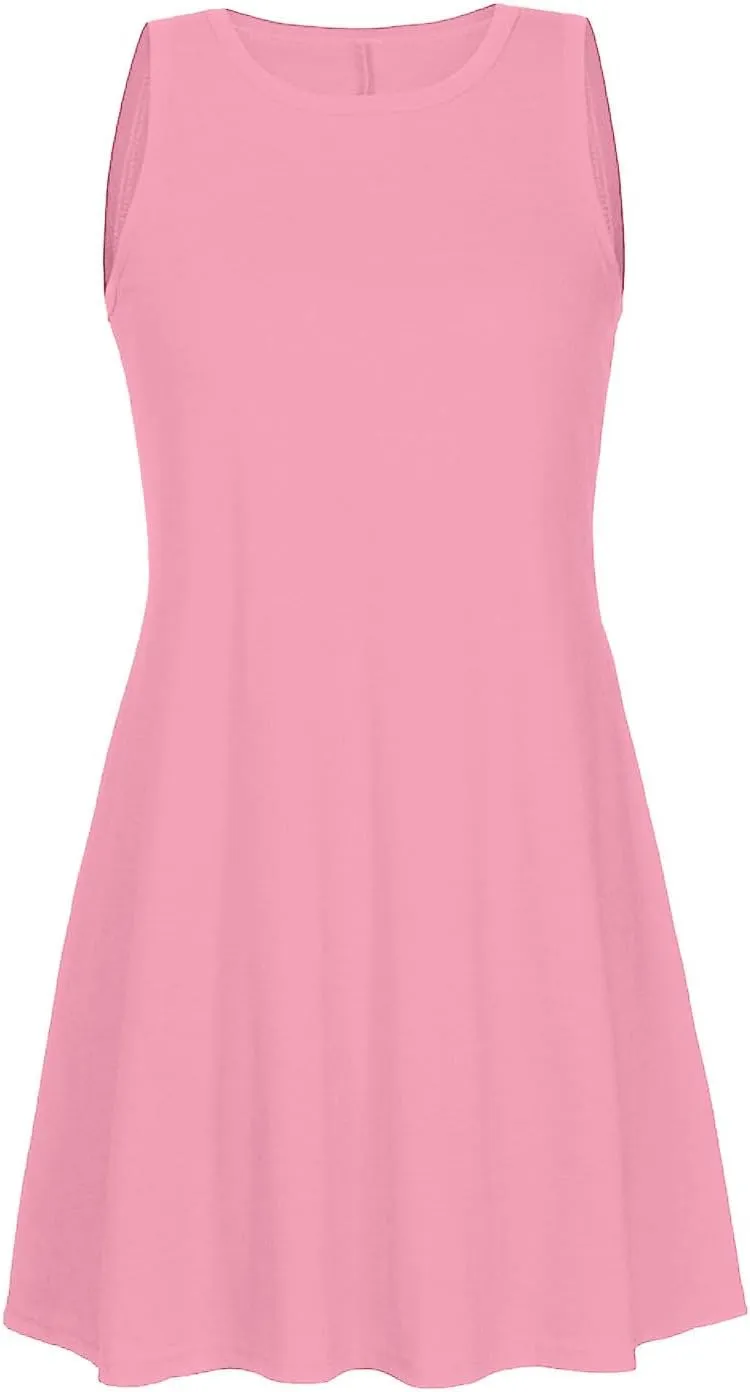 Women's Tank Mini Dress Casual T Shirt Short Vacation Sundress Sleeveless Swing Cover Up Dresses with Pockets