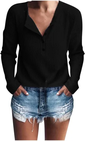 Women's Waffle Tops Casual Knitted Quarter Button Down V Neck Solid Color Long Sleeve Tunics Daily Fashion Work Tops