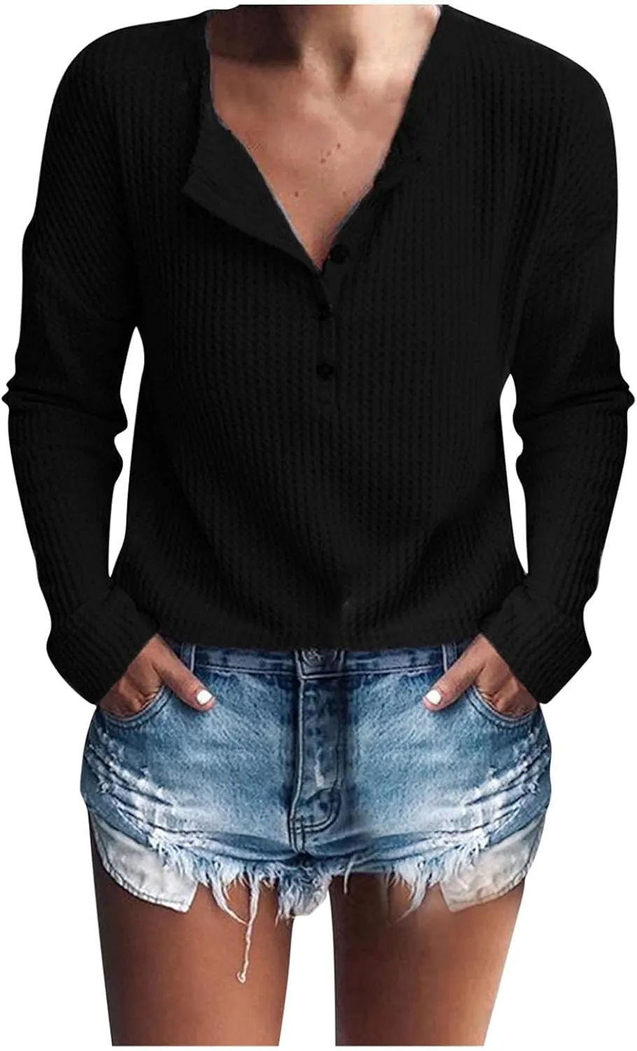 Women's Waffle Tops Casual Knitted Quarter Button Down V Neck Solid Color Long Sleeve Tunics Daily Fashion Work Tops