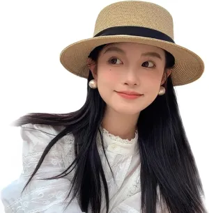 Women’s Wide Brim Flat Top Straw Sun Hat with Classic Accessories-Perfect for Summer Beach, Outdoor and Vacation