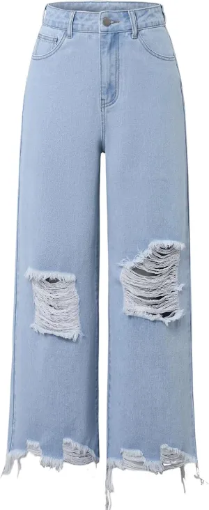 Women's Wide Leg Jeans High Waist Baggy Loose Boyfriend Distressed Denim Pants