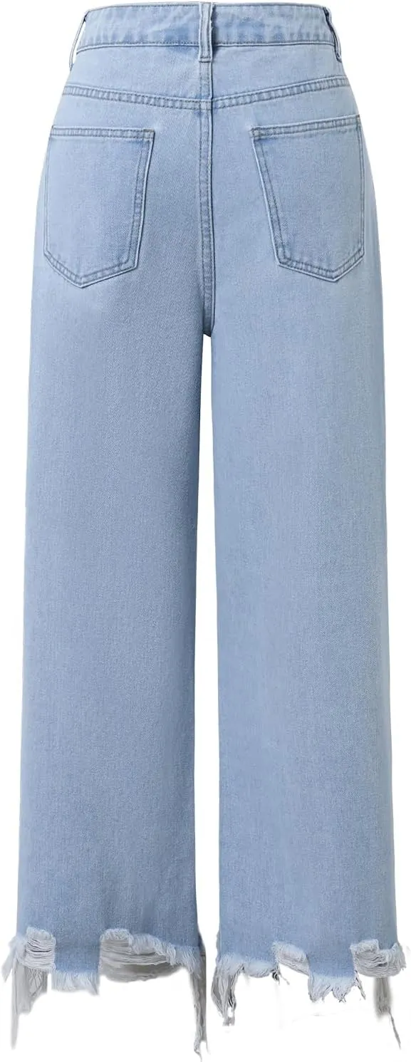 Women's Wide Leg Jeans High Waist Baggy Loose Boyfriend Distressed Denim Pants