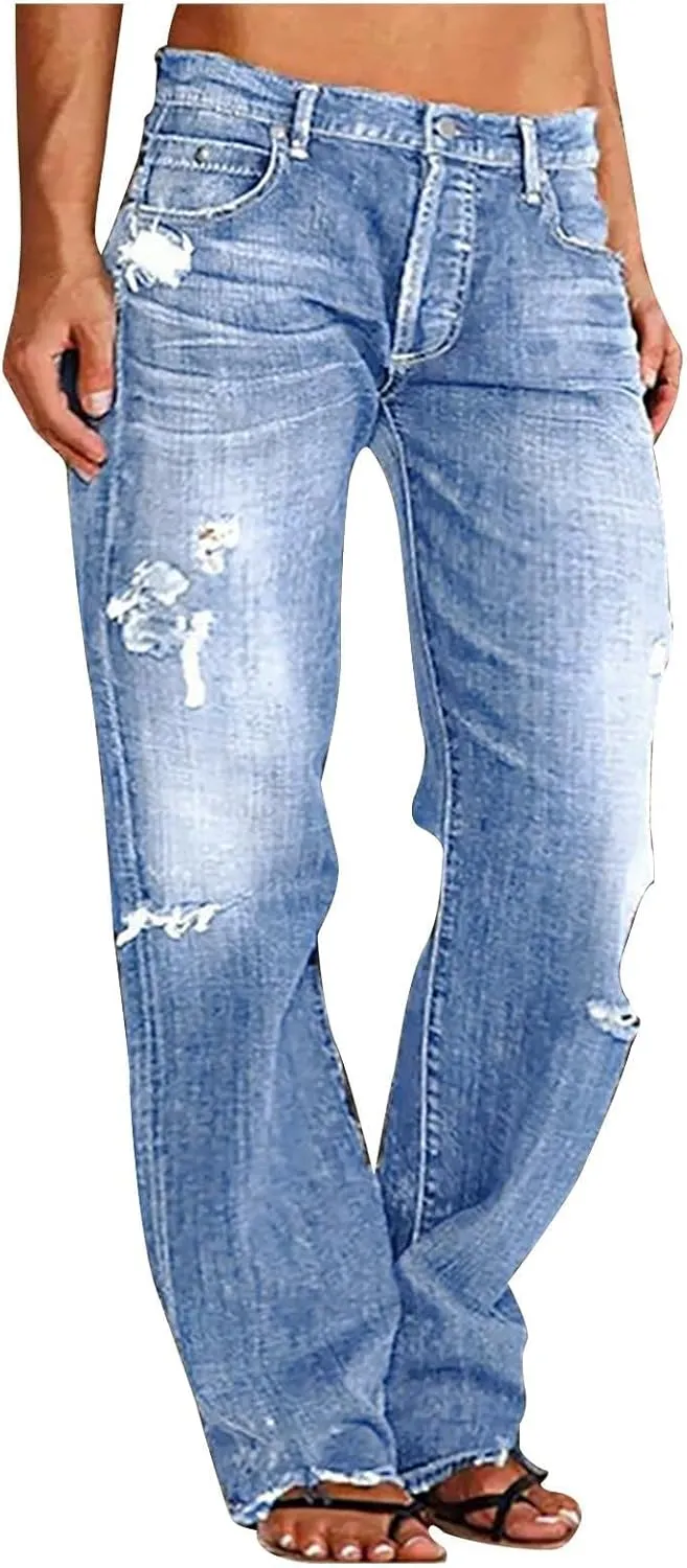 Women's Wide Leg Ripped Trendy Jeans Casual Vintage Distressed Denim Pants Boyfriend Trousers