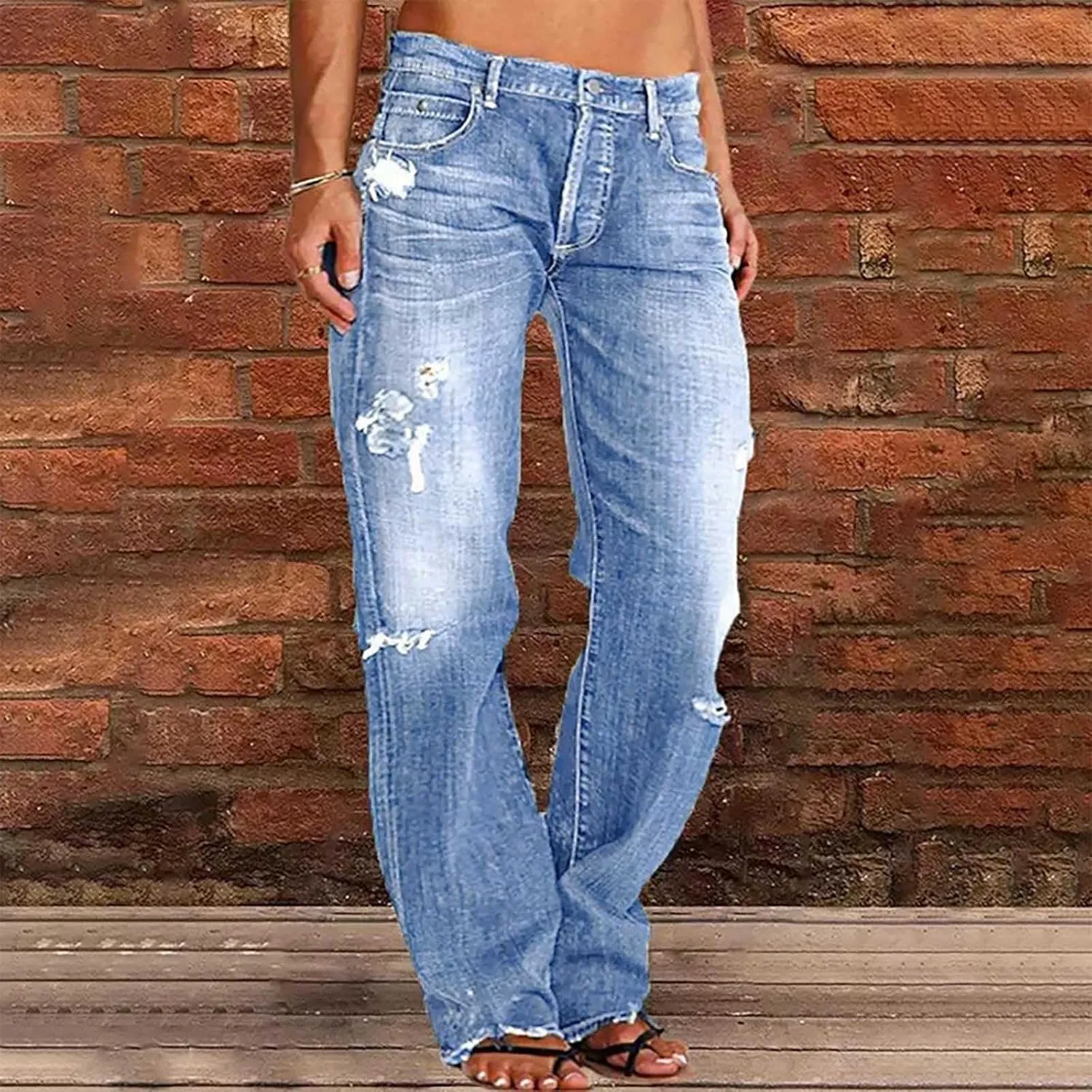 Women's Wide Leg Ripped Trendy Jeans Casual Vintage Distressed Denim Pants Boyfriend Trousers